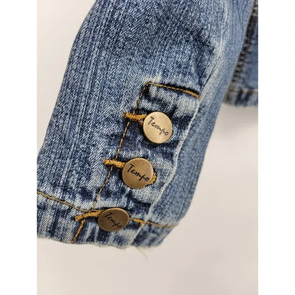 Tempo 2 Denim Jean Jacket Embroidered Collared Yellow Red Y2K 90s Cotton Flower - Picture 7 of 10